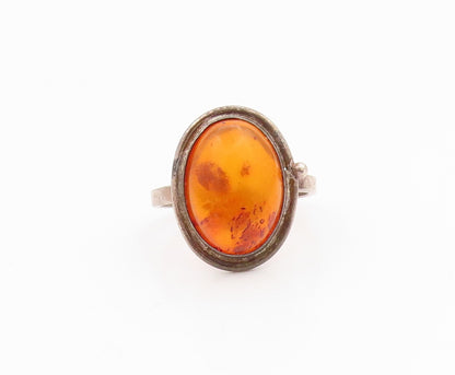925 Sterling Silver Vintage Ring POLAND Cabochon Amber Band  Sz 5  RG35426