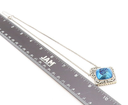 BERIA 925 Silver  Vintage Blue Druzy Stone Floral Swirl Chain Necklace  NE1324
