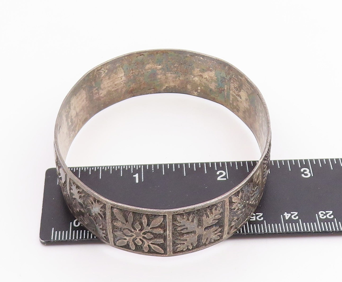 925 Sterling Silver Vintage Bracelet Classic Etched Floral Motif Bangle  BT11956