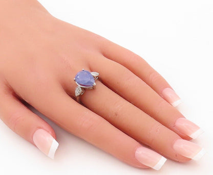 925 Sterling Silver Vintage Ring Diamonds Inlay Drop Cut Tanzanite Sz 8  RG30209
