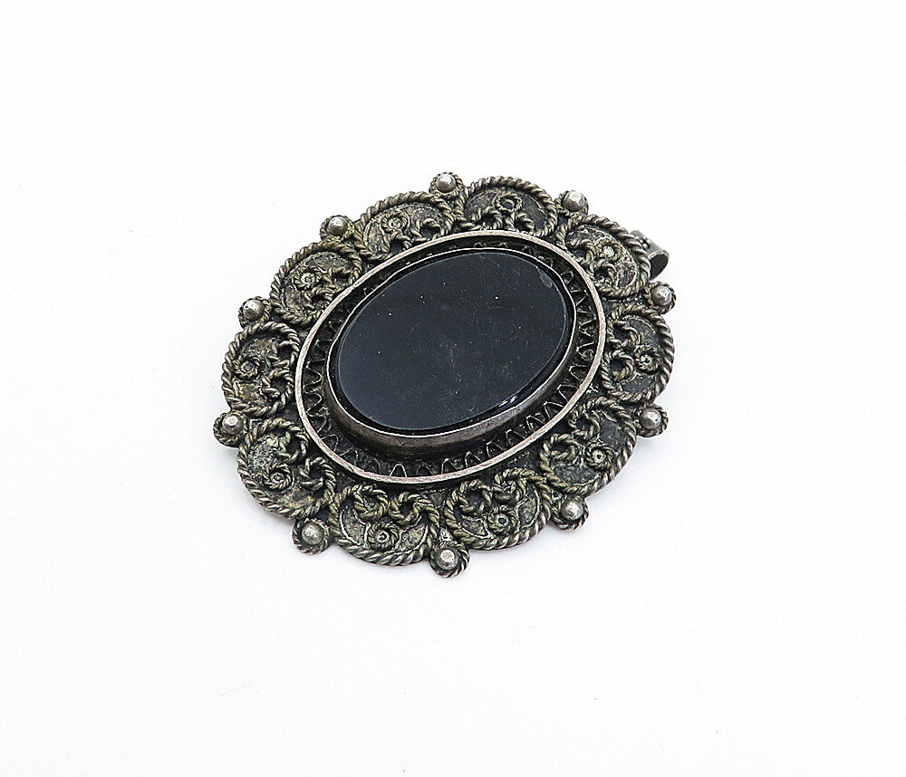 ISRAEL 925 Sterling Silver  Vintage Black Onyx Swirl Twist Brooch Pin  BP1413