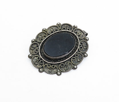 ISRAEL 925 Sterling Silver  Vintage Black Onyx Swirl Twist Brooch Pin  BP1413
