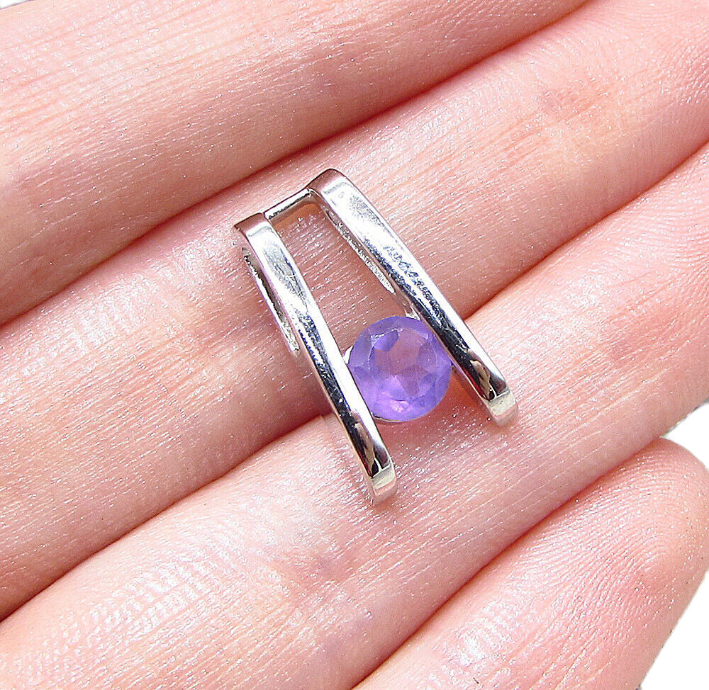 925 Sterling Silver  Round Cut Faceted Amethyst Slider Pendant  PT1492