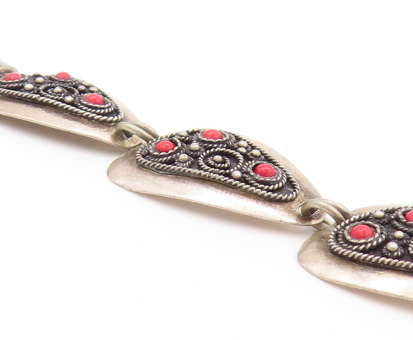925 Sterling Silver Vintage Bracelet ISRAEL Rope Work Design Gemstones  BT11242