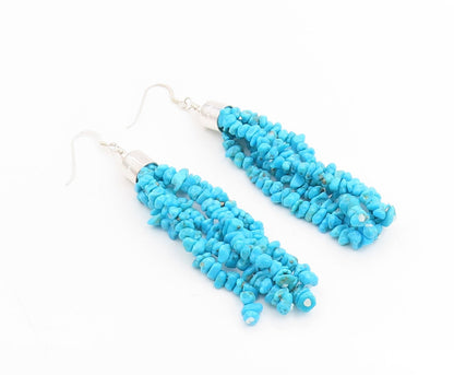 925 Sterling Silver Vintage Earrings Modernist Beaded Turquoise Dangle  EG14284
