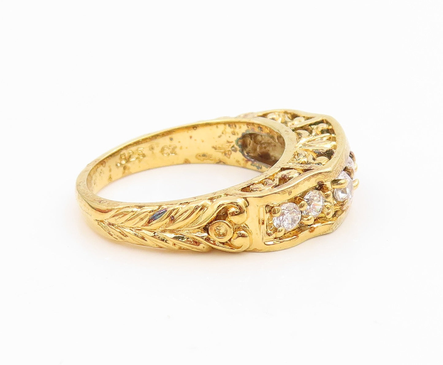 925 Sterling Silver Vintage Ring Gold Plated CZ Statement Band  Sz 8  RG35823