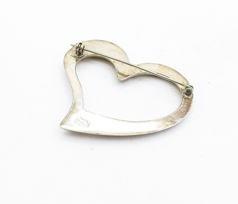 925 Sterling Silver  Vintage Shiny Dark Tone Open Love Heart Brooch Pin BP1991