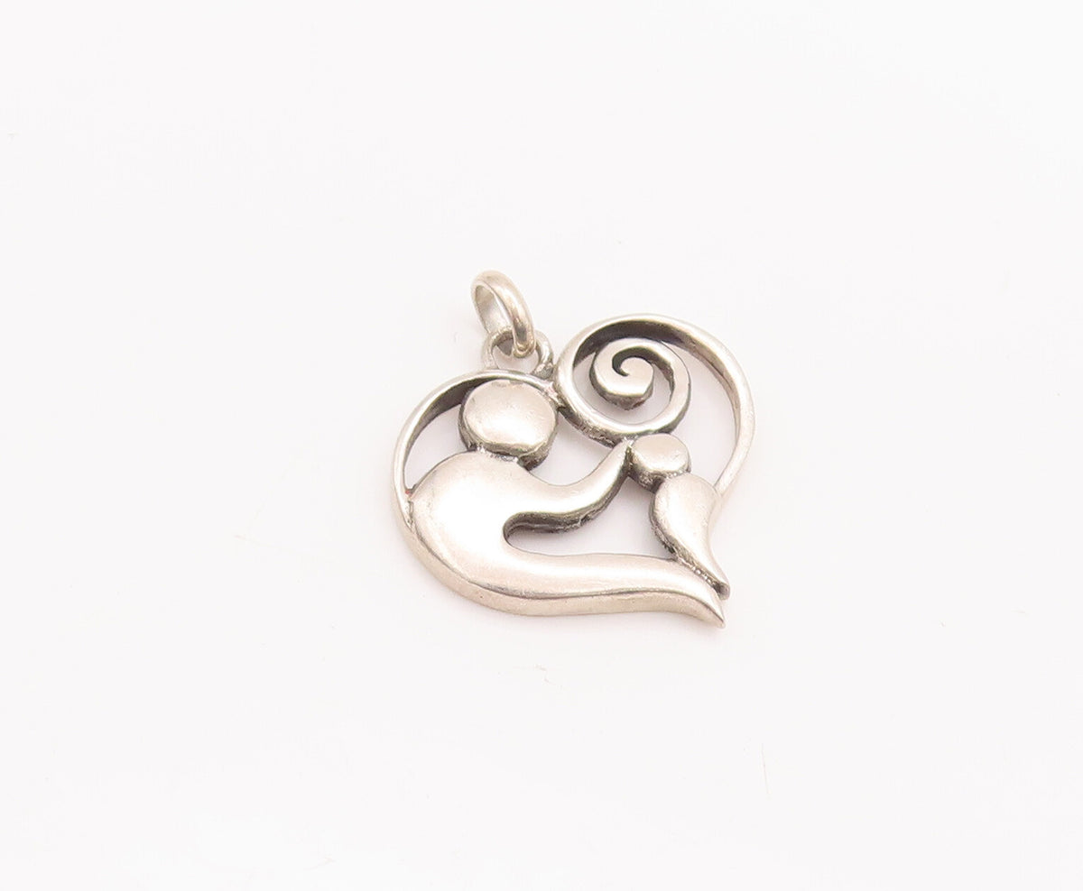 925 Sterling Silver Vintage Pendant Designer Mom And Child Love Heart  PT23262