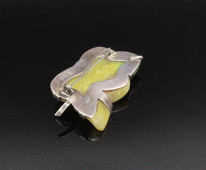 MEXICO 925 Sterling Silver Vintage Unique Yellow Jade Leaf Brooch Pin BP9891