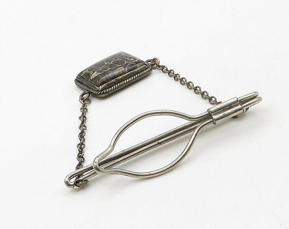 925 Sterling Silver  Vintage Spotted Jasper Chained Tie Clip  TR2246