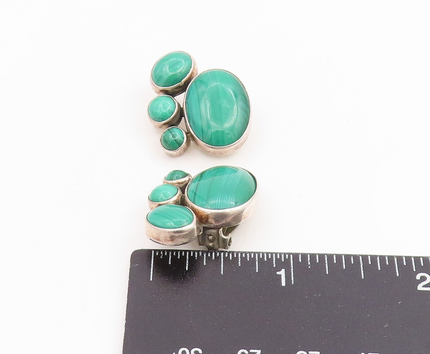 925 Sterling Silver Vintage Earrings Cabochon Malachite Elegant Clip On  EG14103
