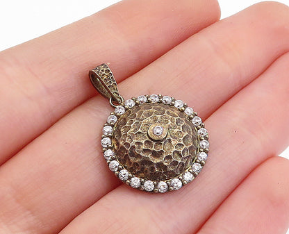 925 Sterling Silver  Vintage Cubic Zirconia Hammered Dome Drop Pendant  PT3556