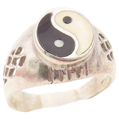 925 Sterling Silver Vintage Ring Classic Enamel Yin Yang Band  Sz 9.5  RG36585