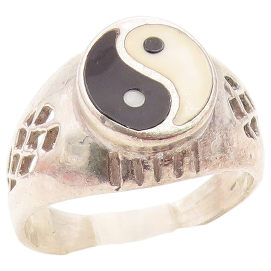 925 Sterling Silver Vintage Ring Classic Enamel Yin Yang Band  Sz 9.5  RG36585