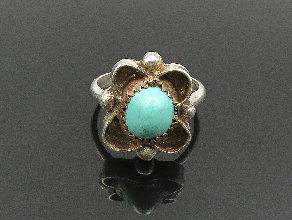 925 Silver Vintage Beaded Floral Turquoise Ring Sz 5.5 RG24488