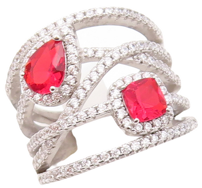 925 Sterling Silver Vintage Ring Designer Cut Red & White CZ Bands Sz 7  RG30498