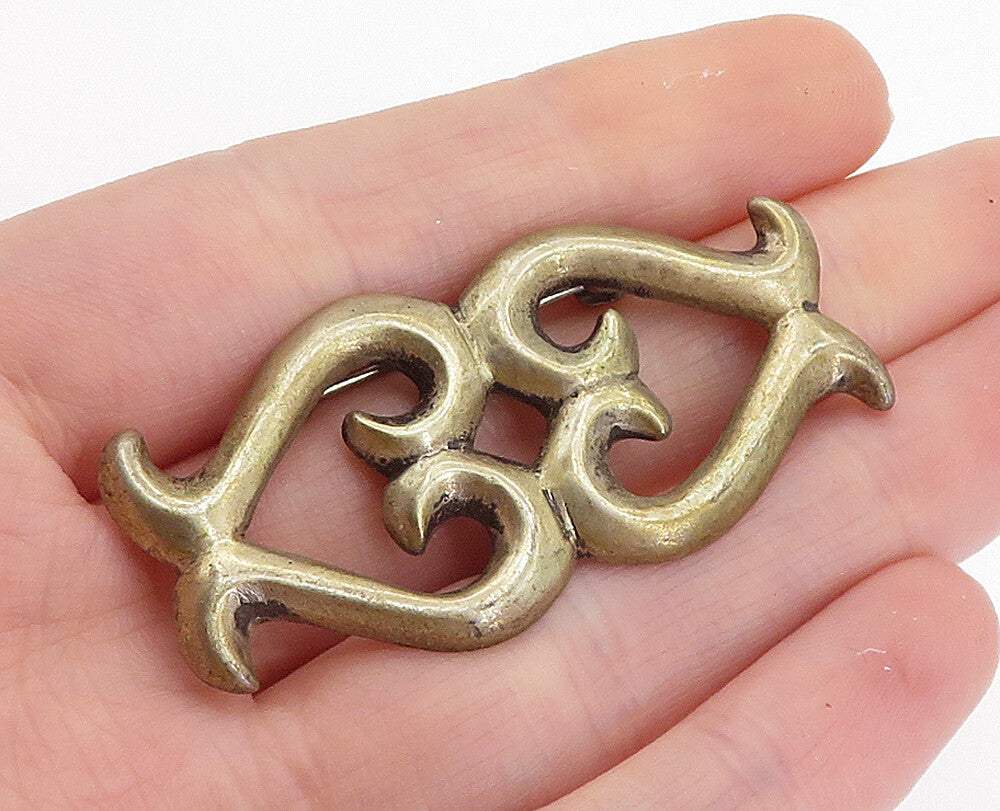 925 Sterling Silver  Vintage Dark Tone Open Swirl Hearts Brooch Pin  BP2860