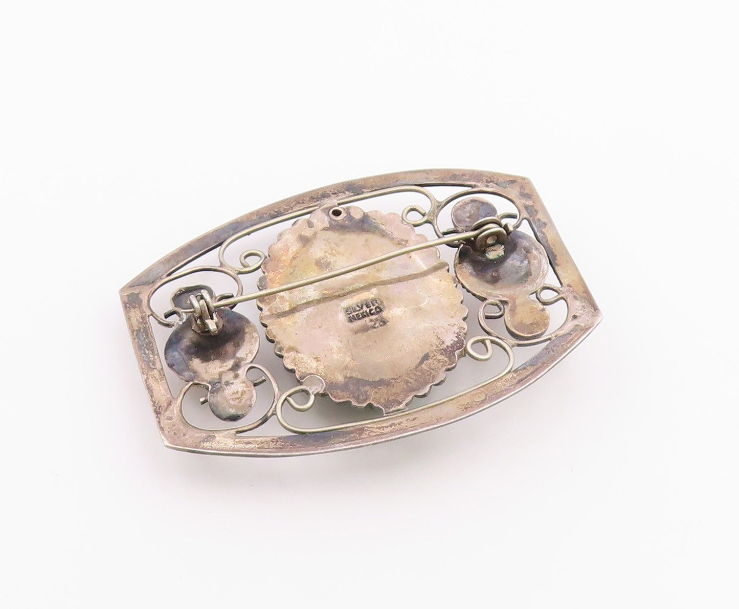 MEXICO 925 Silver  Vintage Antique Face Carved Jade Swirl Brooch Pin  BP4318