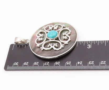 925 Sterling Silver Vintage Pendant Turquoise Carved Abalone Disk  PT24321