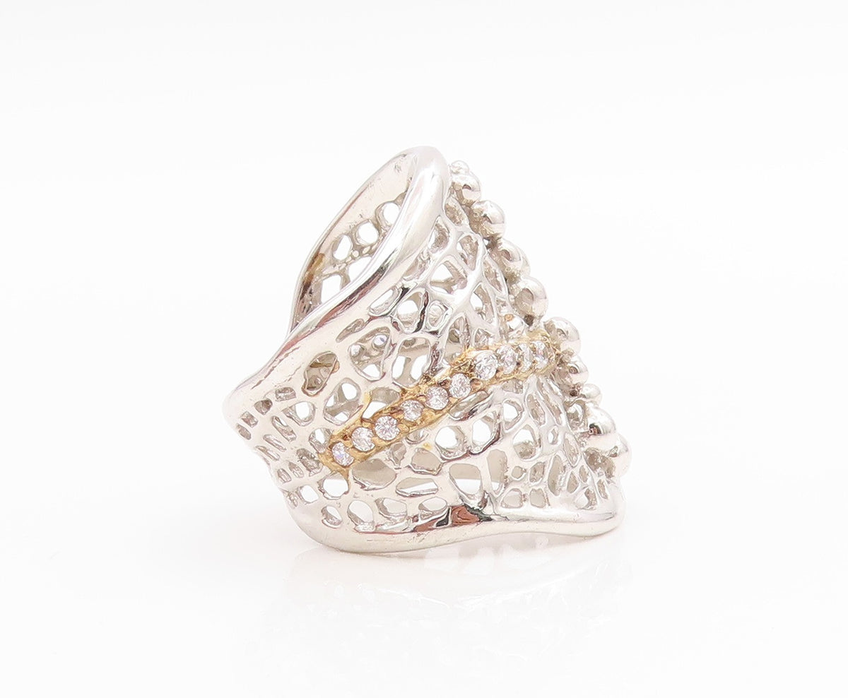 925 Sterling Silver Vintage Ring CZ Intricate Spider Web Wide Band Sz 7 RG34625
