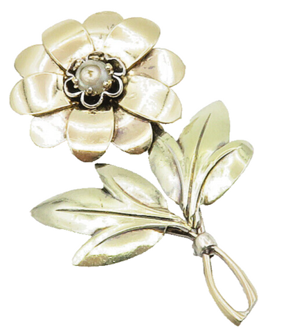 SYMMETALLIC 925 Silver & 14K GOLD  Vintage Pearl Flower Brooch Pin  BP5409