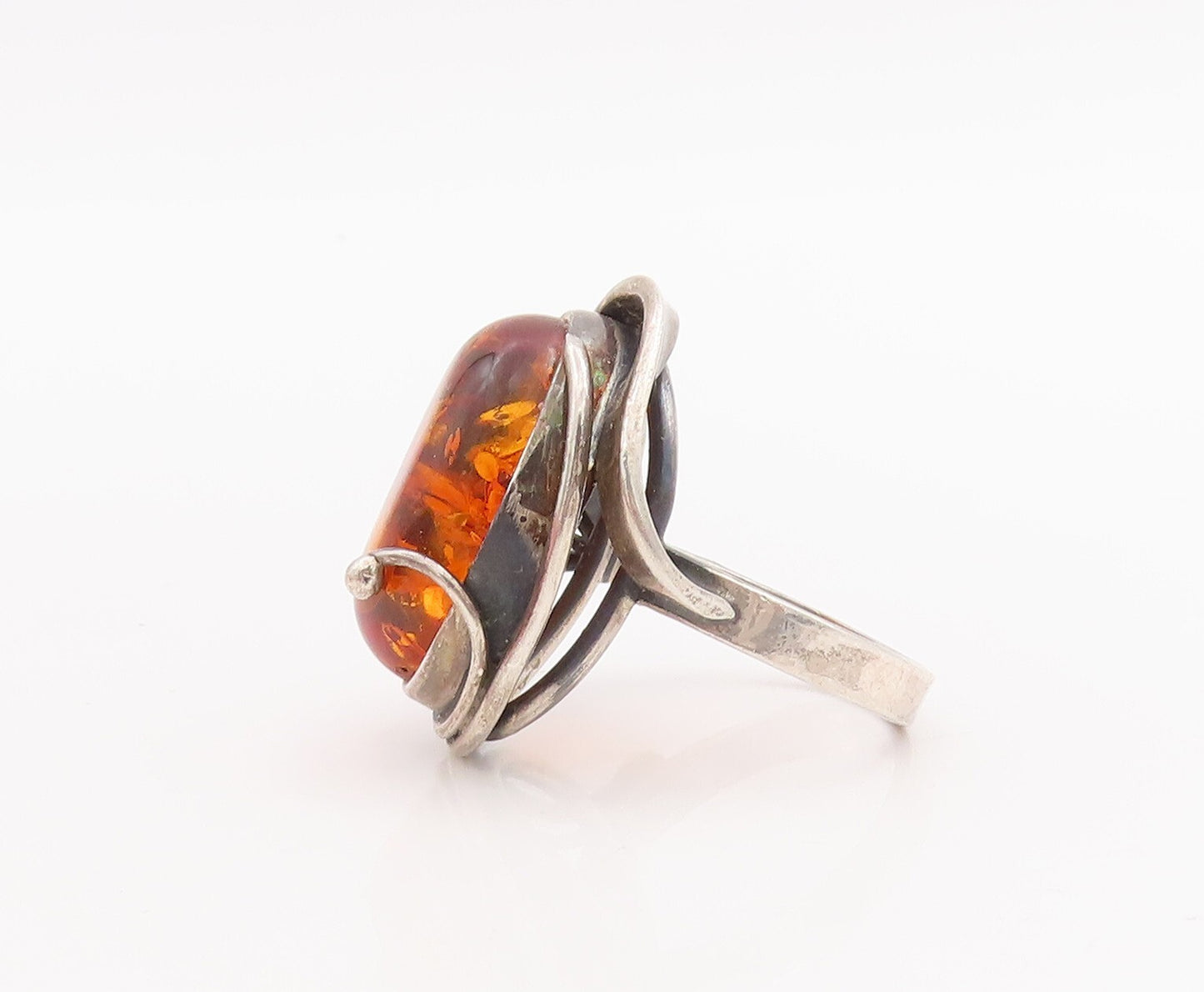 925 Sterling Silver Vintage Ring POLAND Cabochon Honey Amber  Sz 8.5  RG28690
