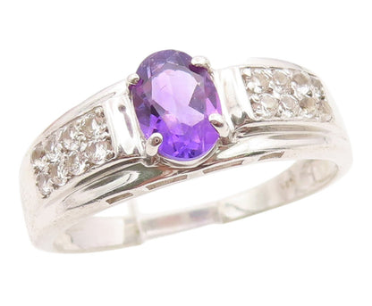 925 Sterling Silver Vintage Ring Amethyst & CZ Statement Band  Sz 10  RG36151