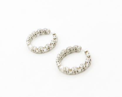 925 Sterling Silver  Cubic Zirconia Floral Cluster Shiny Hoop Earrings  EG8775