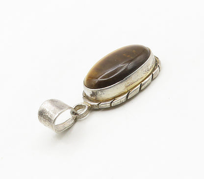 925 Sterling Silver  Vintage Cabochon Cut Tiger's Eye Oval Pendant  PT12174