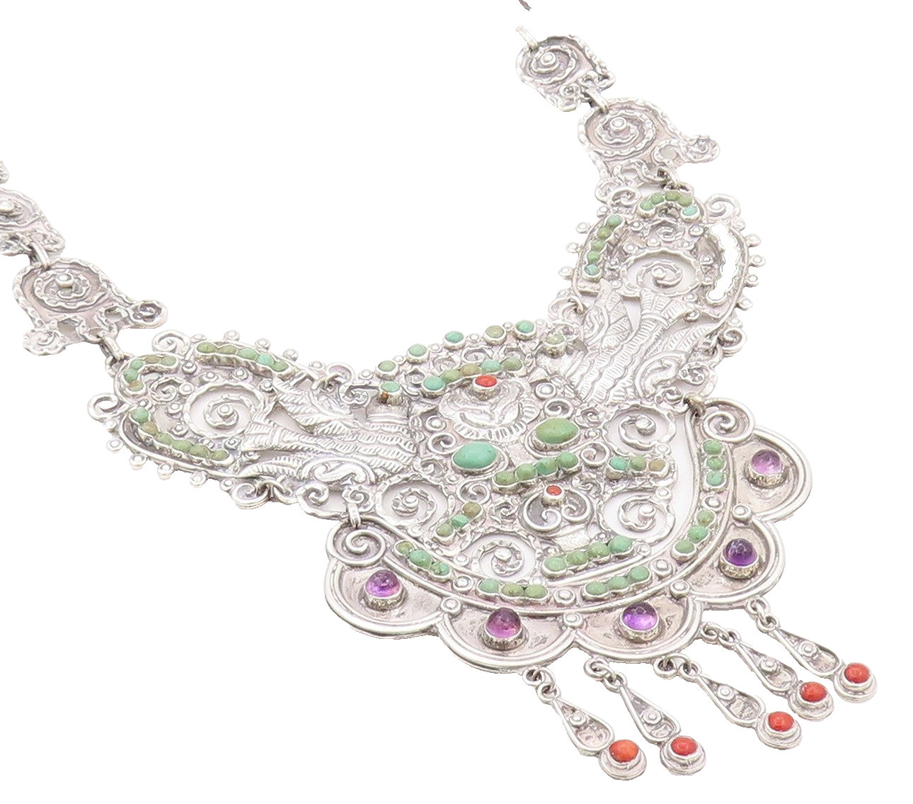 925 Sterling Silver Vintage Necklace MEXICO Real Multi Gemstones Royal  NE4487