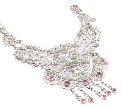 925 Sterling Silver Vintage Necklace MEXICO Real Multi Gemstones Royal  NE4487