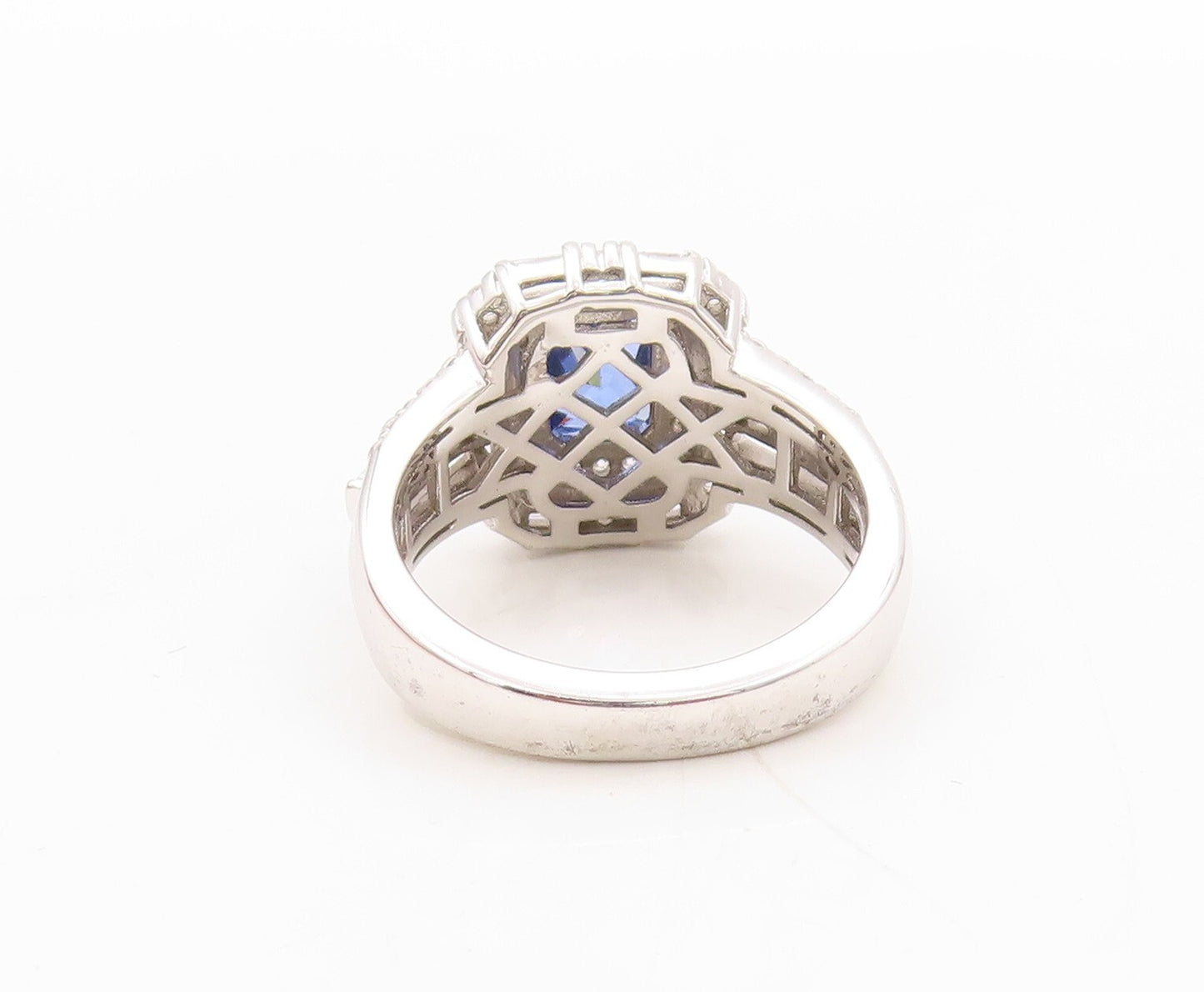 925 Sterling Silver Vintage Ring Designer Rectangle Sapphire & CZ  Sz 7 RG30895