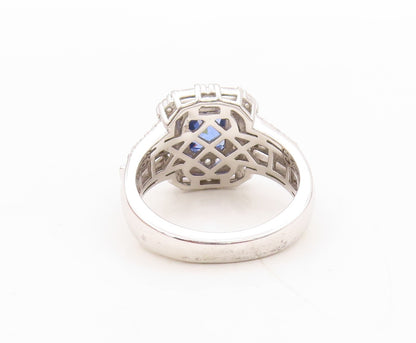 925 Sterling Silver Vintage Ring Designer Rectangle Sapphire & CZ  Sz 7 RG30895
