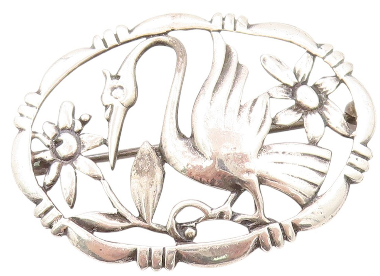 925 Sterling Silver Vintage Brooch  BAUR Cutout Stork & Floral Design  BP11552