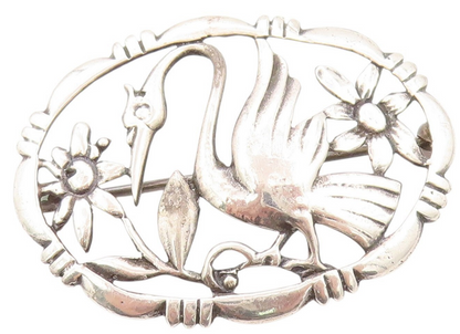 925 Sterling Silver Vintage Brooch  BAUR Cutout Stork & Floral Design  BP11552