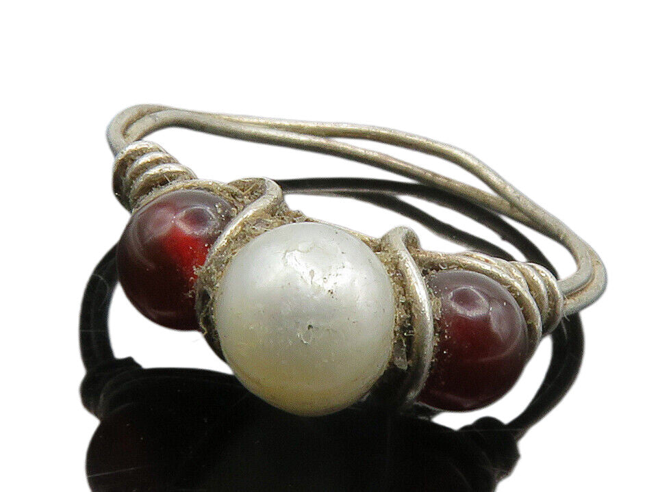 925 Silver  Vintage Pearl & Red Topaz Modernist Band Ring Sz 6.5  RG13667