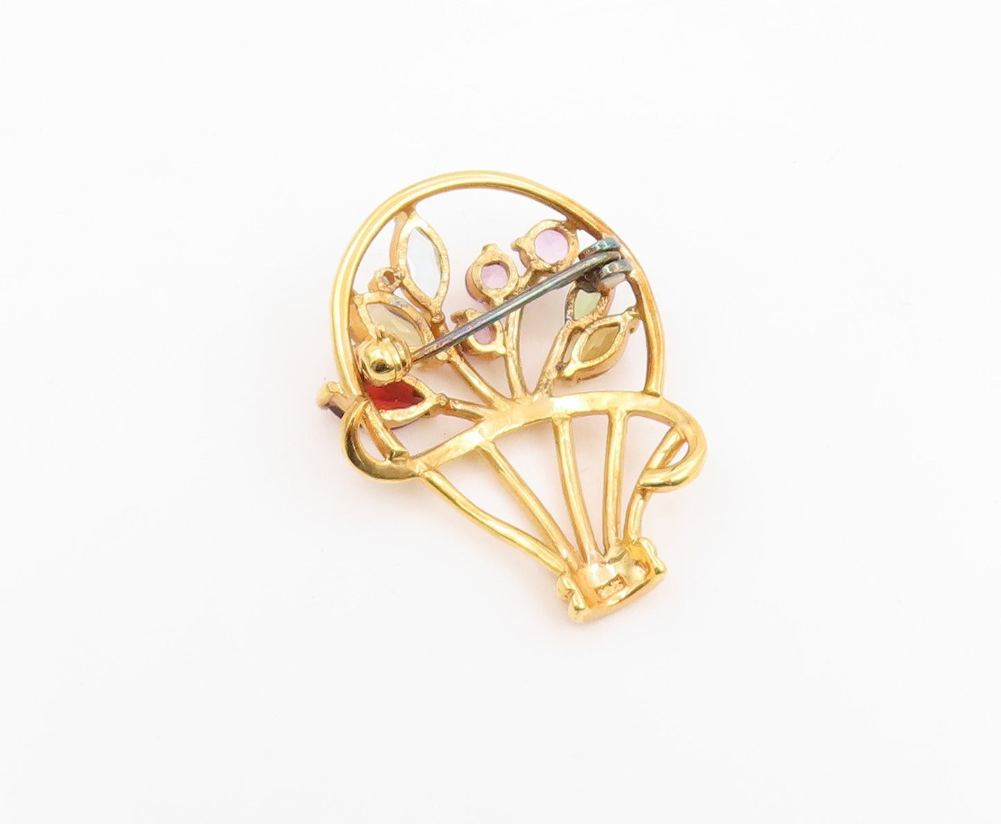 925 Sterling Silver Vintage Brooch Gold Plated Gemstone Floral Basket  BP12412