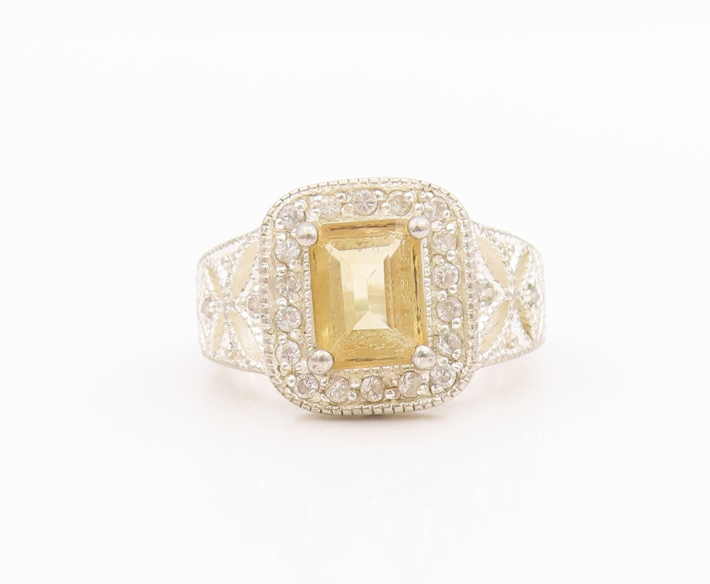 925 Sterling Silver Vintage Ring Rectangle Cut Citrine Halo CZ  Sz 7  RG33226