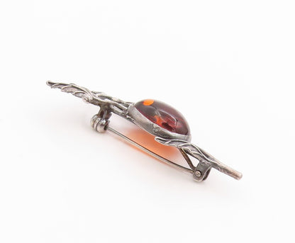 925 Sterling Silver Vintage Brooch Oval Amber Etched leaves With Branch  BP11840