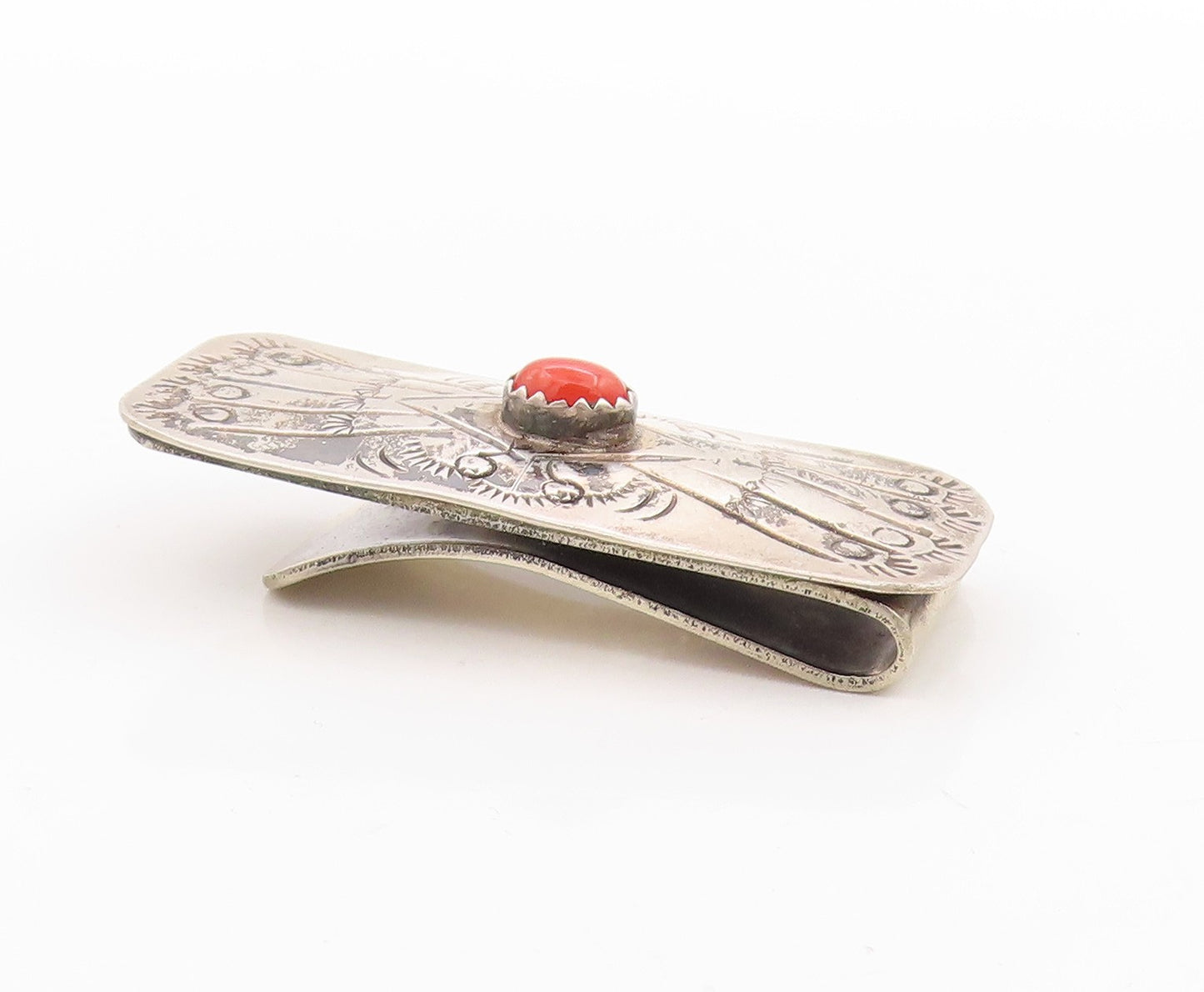 925 Sterling Silver Vintage Money Clip NAVAJO Zuni Carnelian Etched Pin  TR3959