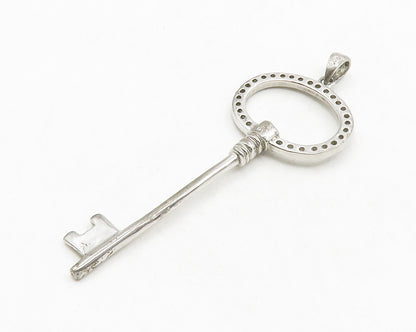 925 Sterling Silver  Shiny White Topaz Open Key Motif Drop Pendant  PT10626