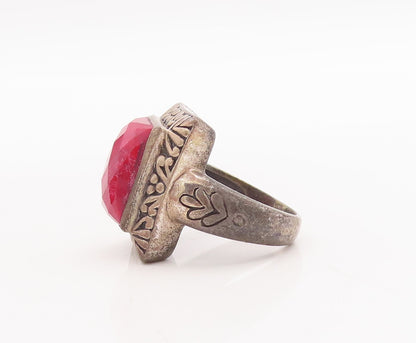 925 Sterling Silver Vintage Ring Square Red Gemstone Floral Carved Sz 8  RG29294