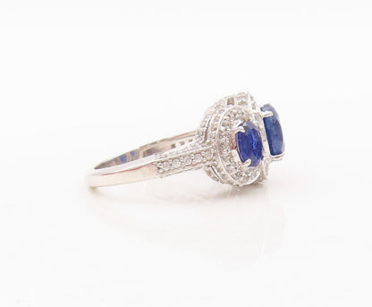 925 Sterling Silver Vintage Ring Oval Cut Sapphire Halo CZ  Sz 7.5  RG30373