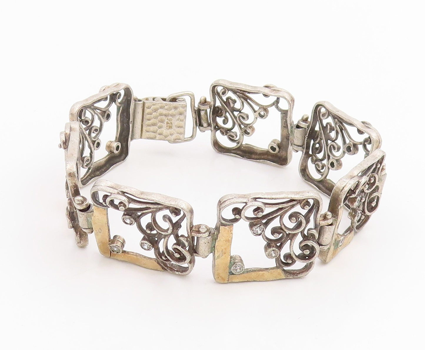 14k Gold & 925 Sterling Silver Vintage Bracelet CZ Floral Panel Link  BT11846