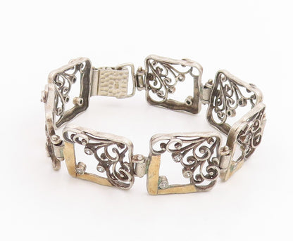 14k Gold & 925 Sterling Silver Vintage Bracelet CZ Floral Panel Link  BT11846