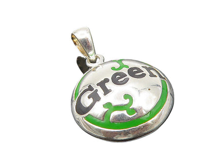 925 Sterling Silver  Vintage Shiny Enamel Green Round Dome Pendant  PT9035