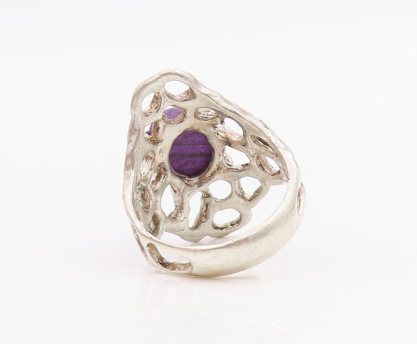 925 Sterling Silver Vintage Ring Brutalist Cutout Cabochon Amethyst Sz 6 RG33221