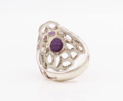 925 Sterling Silver Vintage Ring Brutalist Cutout Cabochon Amethyst Sz 6 RG33221