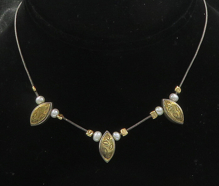 925 Sterling Silver & 14K GOLD Vintage Petite Pearls Two Tone Necklace  NE3219