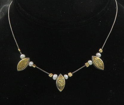 925 Sterling Silver & 14K GOLD Vintage Petite Pearls Two Tone Necklace  NE3219